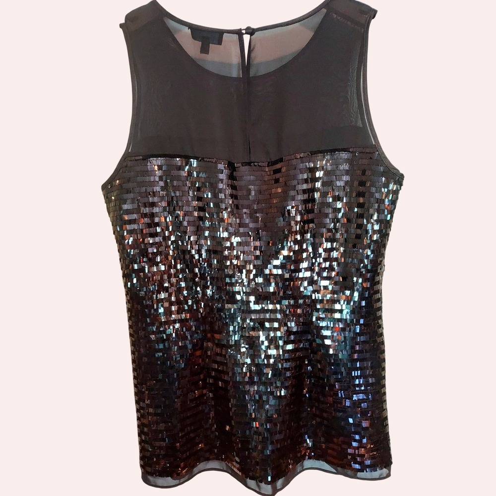 Camille La Vie Womens Chic Black Sequin Mesh Yoke Sleeveless Tank Top Party  L - Picture 4 of 7